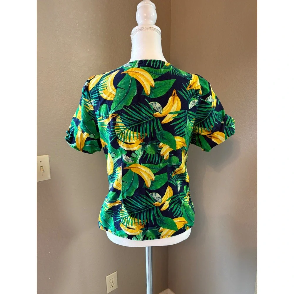 Old‎ Navy Womens S Tropical Banana Print V-Neck Button Front Blouse Cotton Mix
